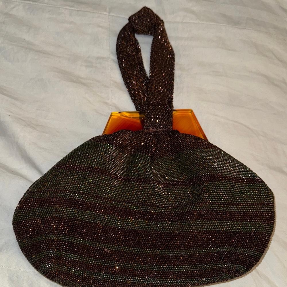 Vintage Brown Green Micro Glass Beaded Women's Bag Bakelite? Handle